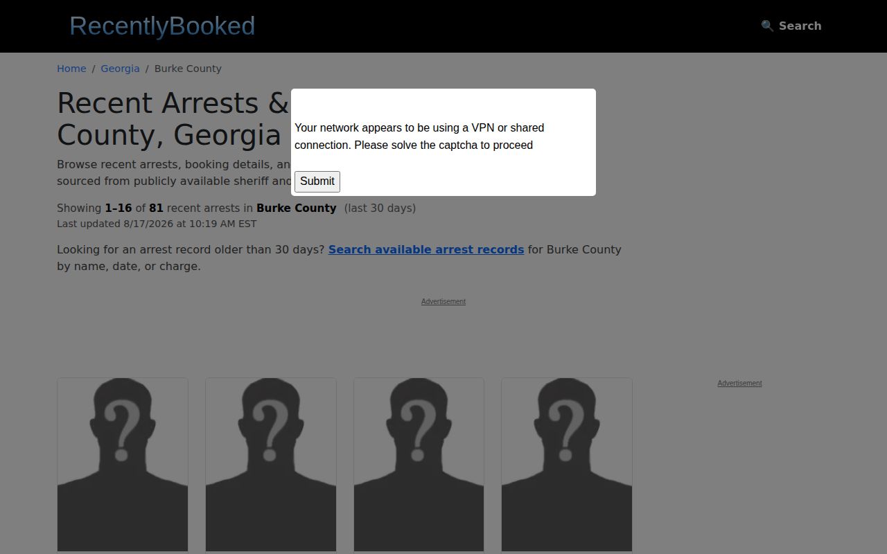 RecentlyBooked Burke County secondary booking page