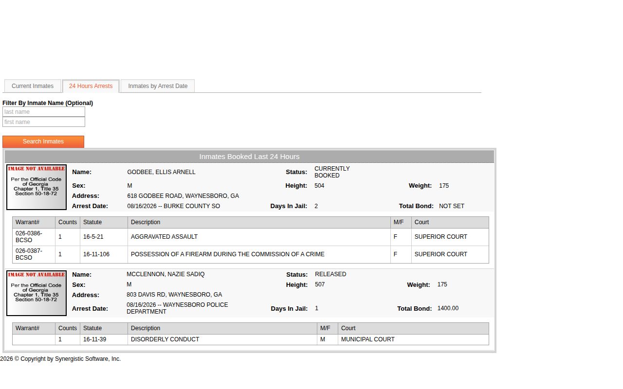 Burke County rolling 24-hour booking feed interface