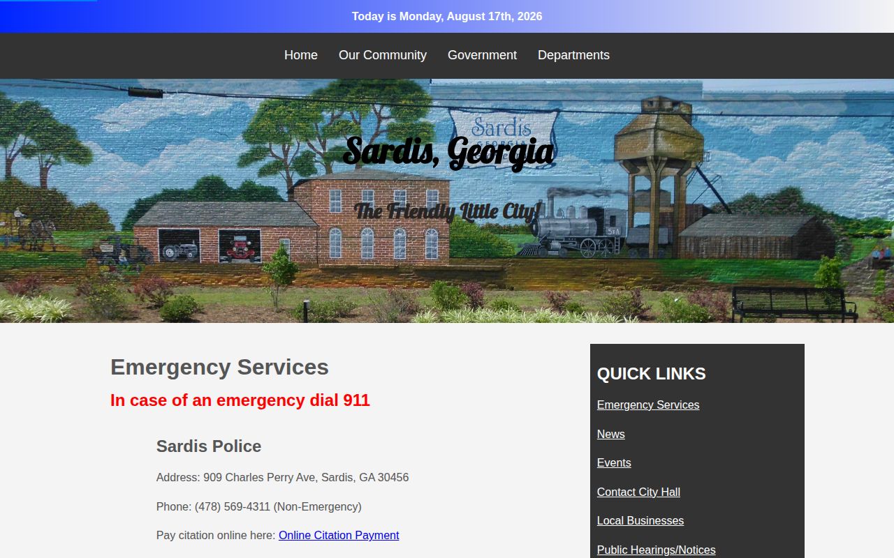 Official Sardis emergency services page with police and county contacts